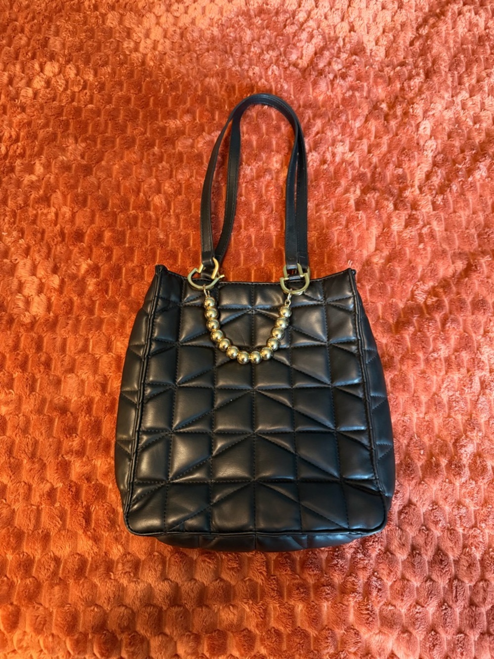 Zara Black Quilted Shoulder Tote with Gold Bead Detail